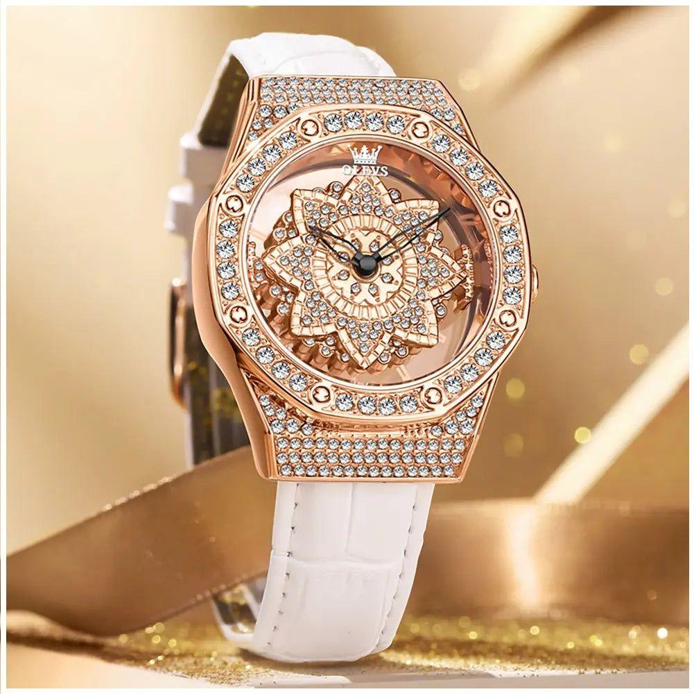 Reloj de Mujer de Lujo con Diseño Floral Rotativo y Correa de Cuero-2
