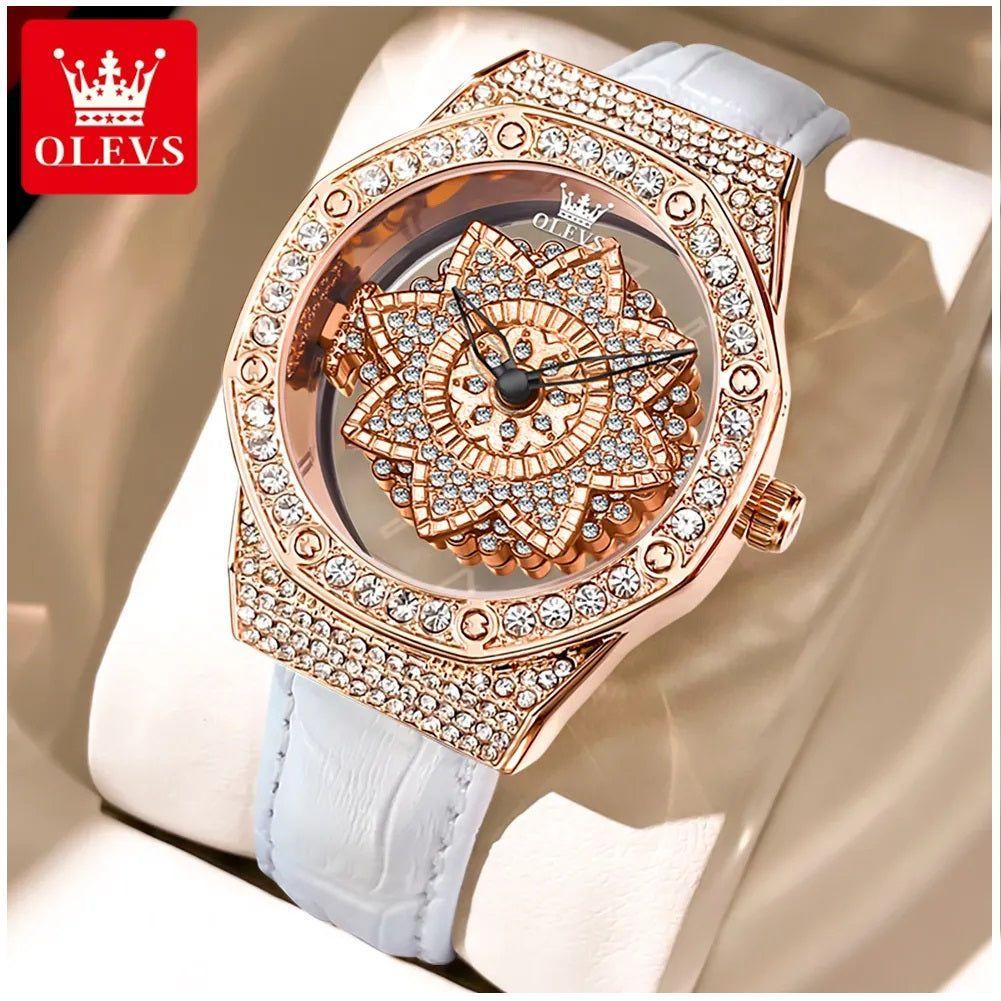Reloj de Mujer de Lujo con Diseño Floral Rotativo y Correa de Cuero-3