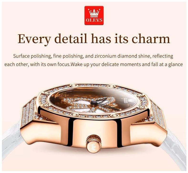 Reloj de Mujer de Lujo con Diseño Floral Rotativo y Correa de Cuero-5
