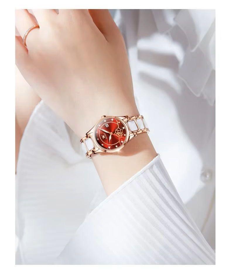 Reloj mujer con esfera roja y cerámica blanca-6