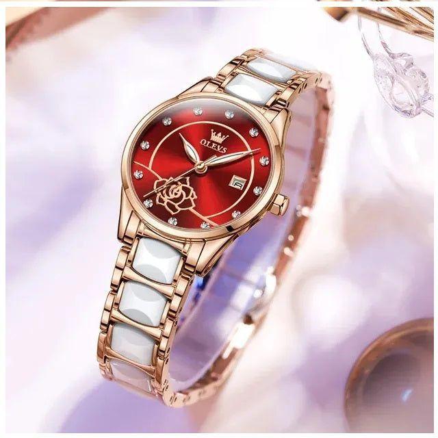 Reloj mujer con esfera roja y cerámica blanca-7