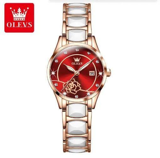 Reloj mujer con esfera roja y cerámica blanca-8
