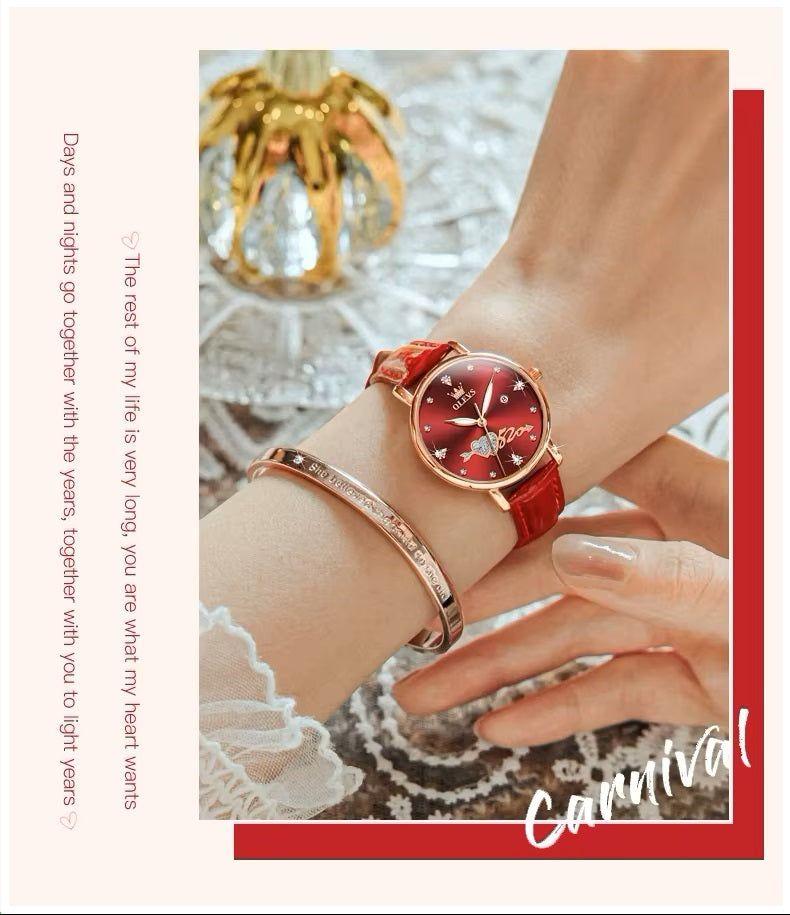 Reloj elegante de mujer correa cuero rojo diseño corazón con cristales-6