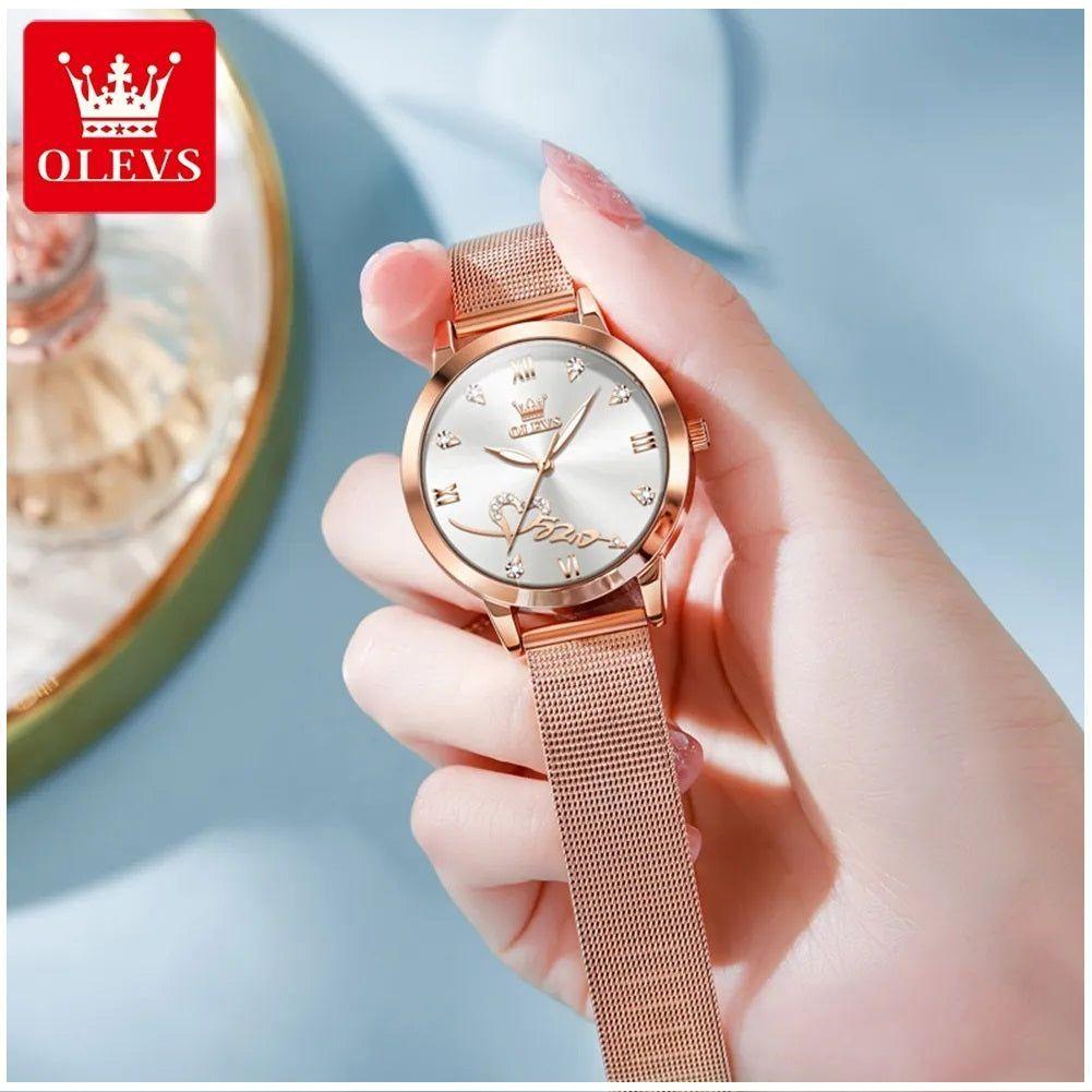 Reloj de mujer rosa dorado con malla metálica-6