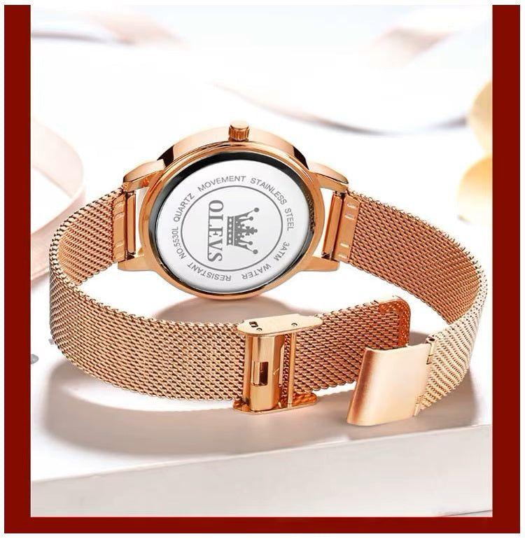 Reloj de mujer rosa dorado con malla metálica-8