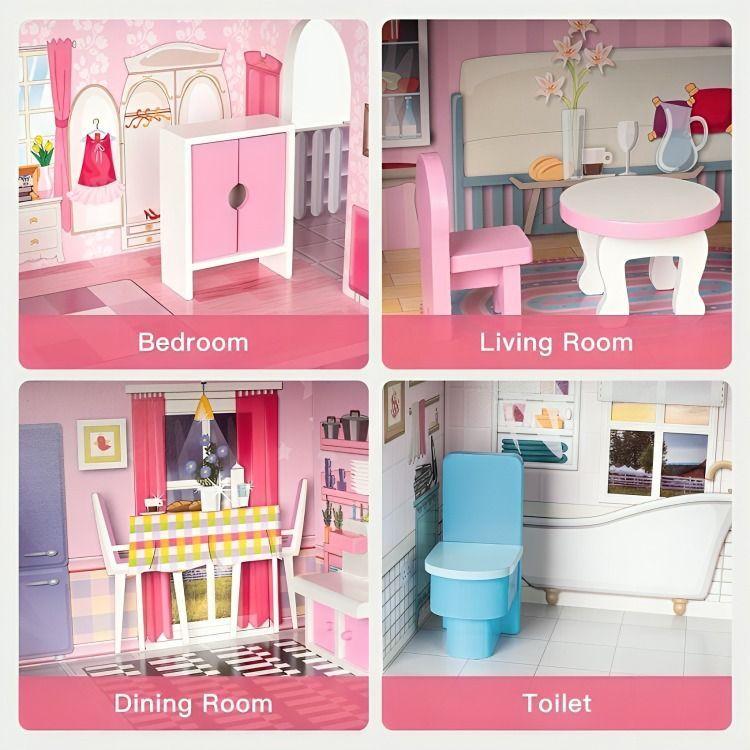 Casa de Muñecas Clásica de Madera Rosada con Accesorios-2