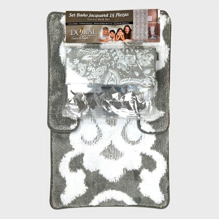 Set de Baño 15pcs Jacquard / Flores Gris Blanco – Doral-1