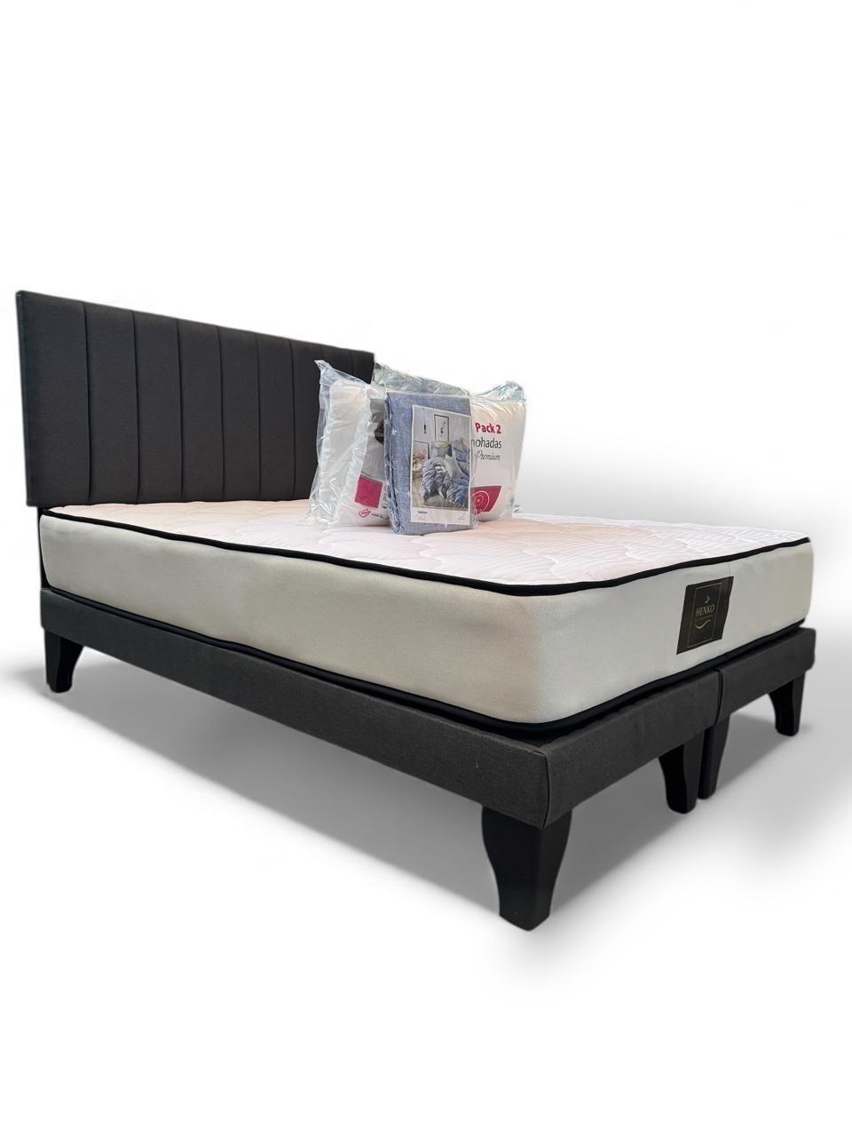 Cama 2 Plazas Henko Premium Base Respaldo Colchon Almohadas Juego de sabana-2
