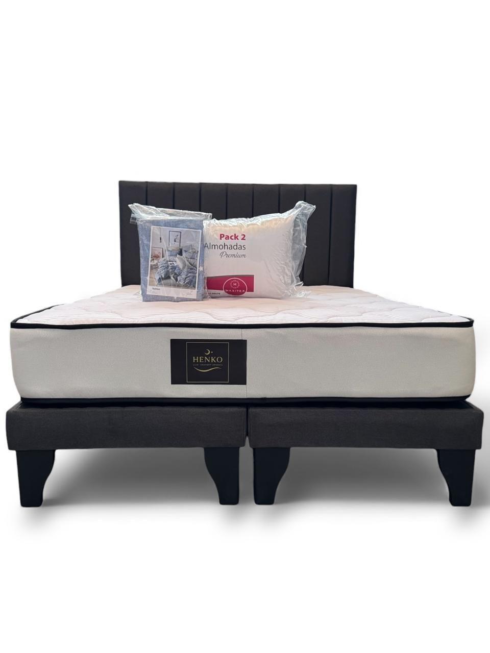 Cama 2 Plazas Henko Premium Base Respaldo Colchon Almohadas Juego de sabana-3