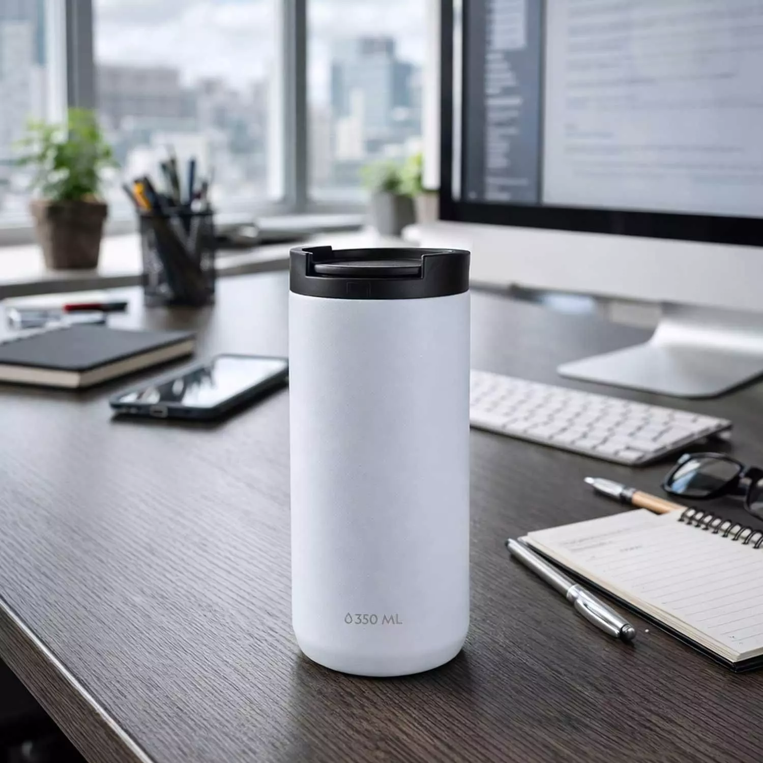 Mug Acero Inoxidable Tapa Flip Antideslizante 350ml Blanco-4