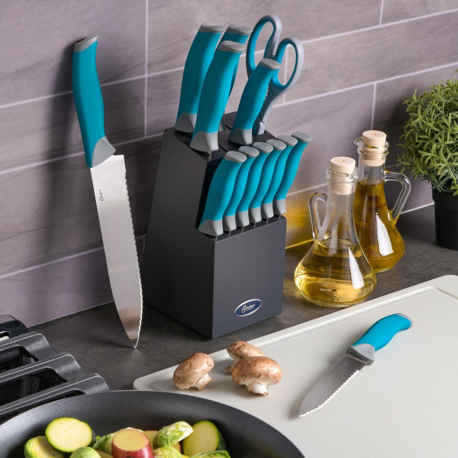 Set Cuchillos acero inoxidable Lindbergh 14 pcs mango azul y taco de madera negro-2