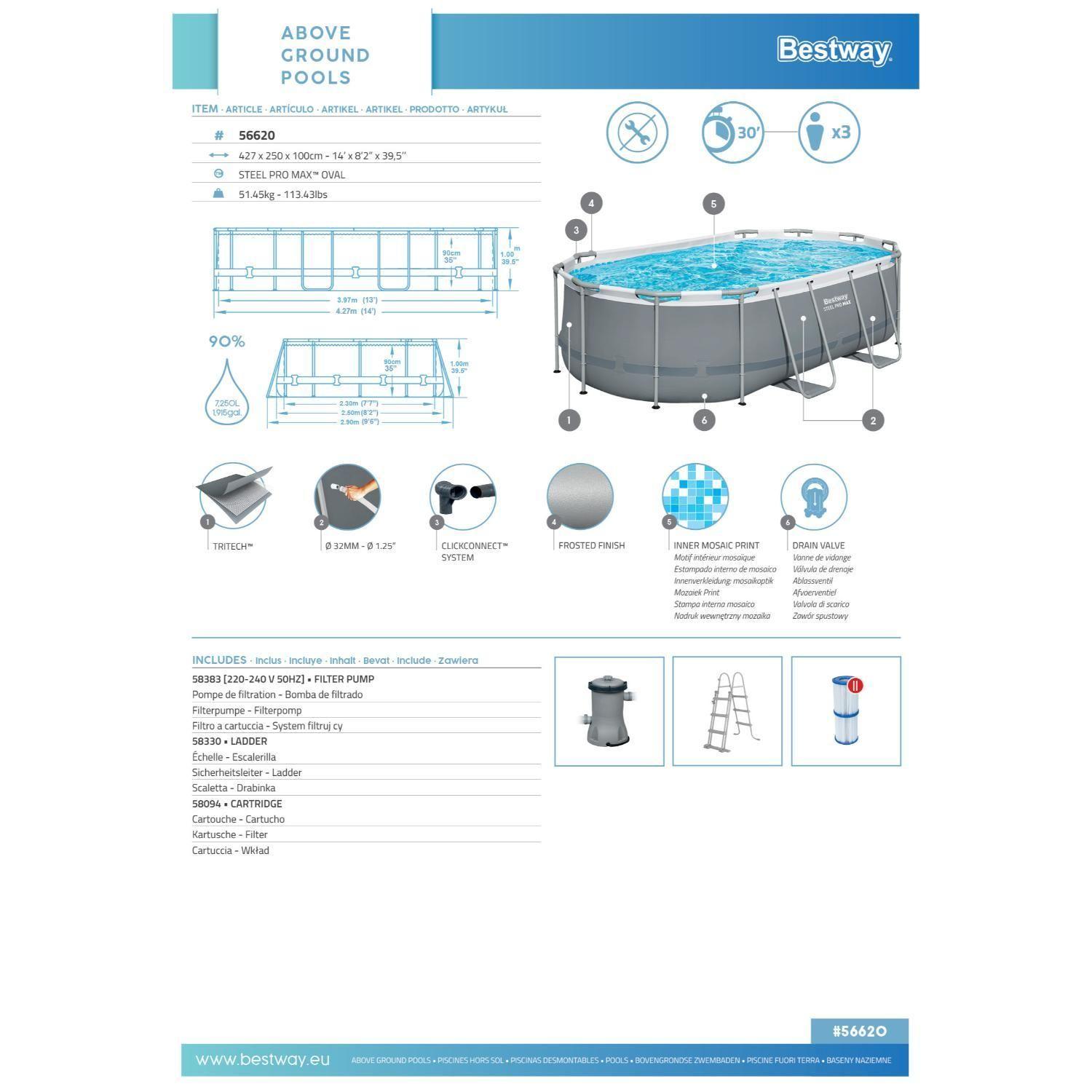 Piscina Bestway Ovalada Filtro + Accesorios 4.27X2.50X1.00M-3