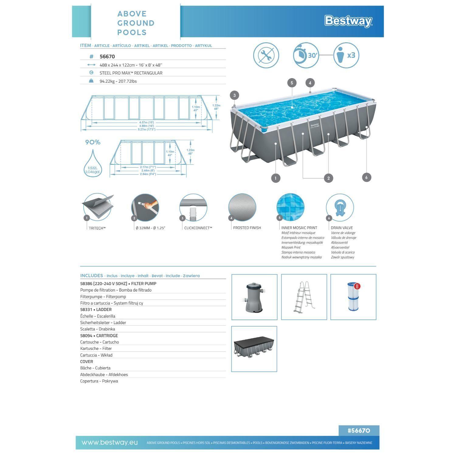 Piscina Bestway Rectangular Filtro+Accesorio 4.88X2.44X1.22M-3