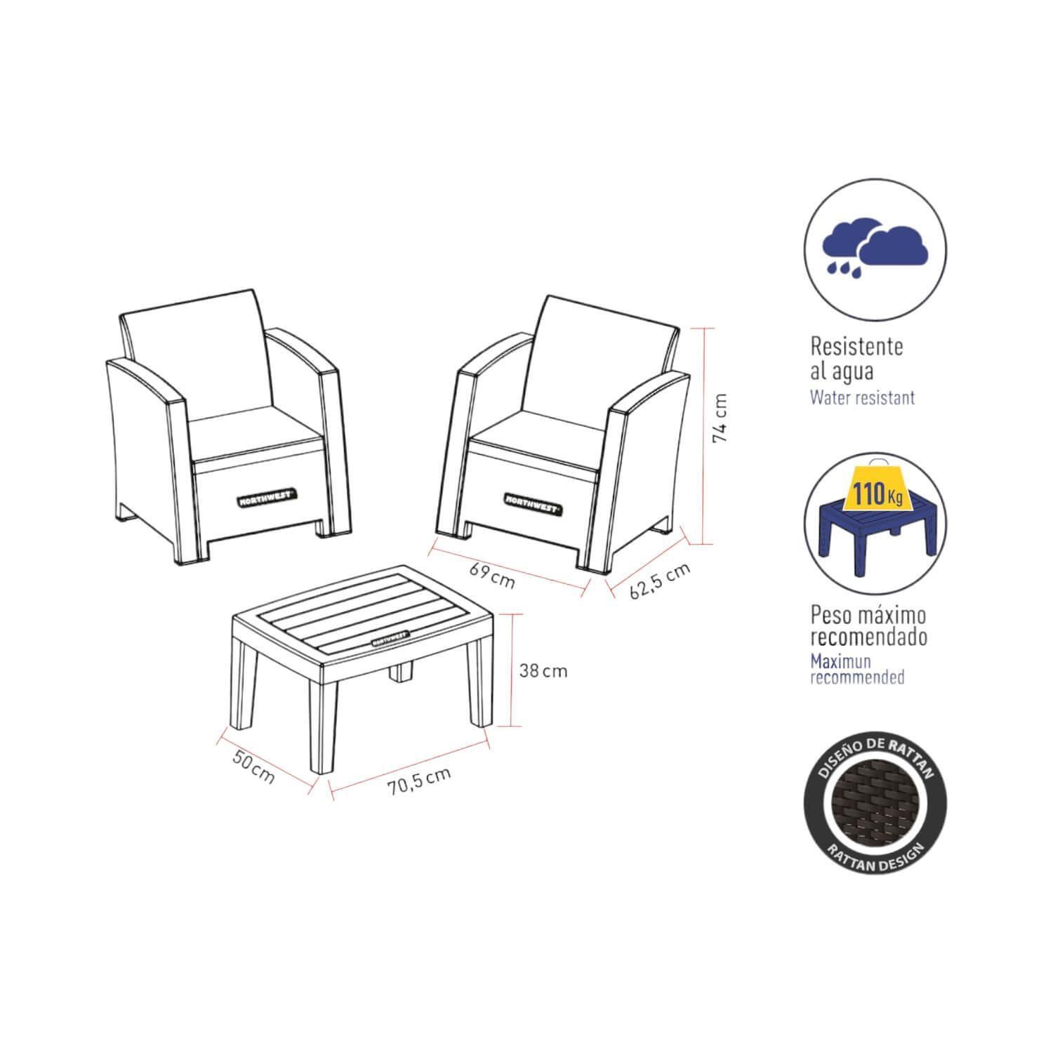 Juego Set Terraza Mallorca 3 Piezas Con Cojin Northwest-2