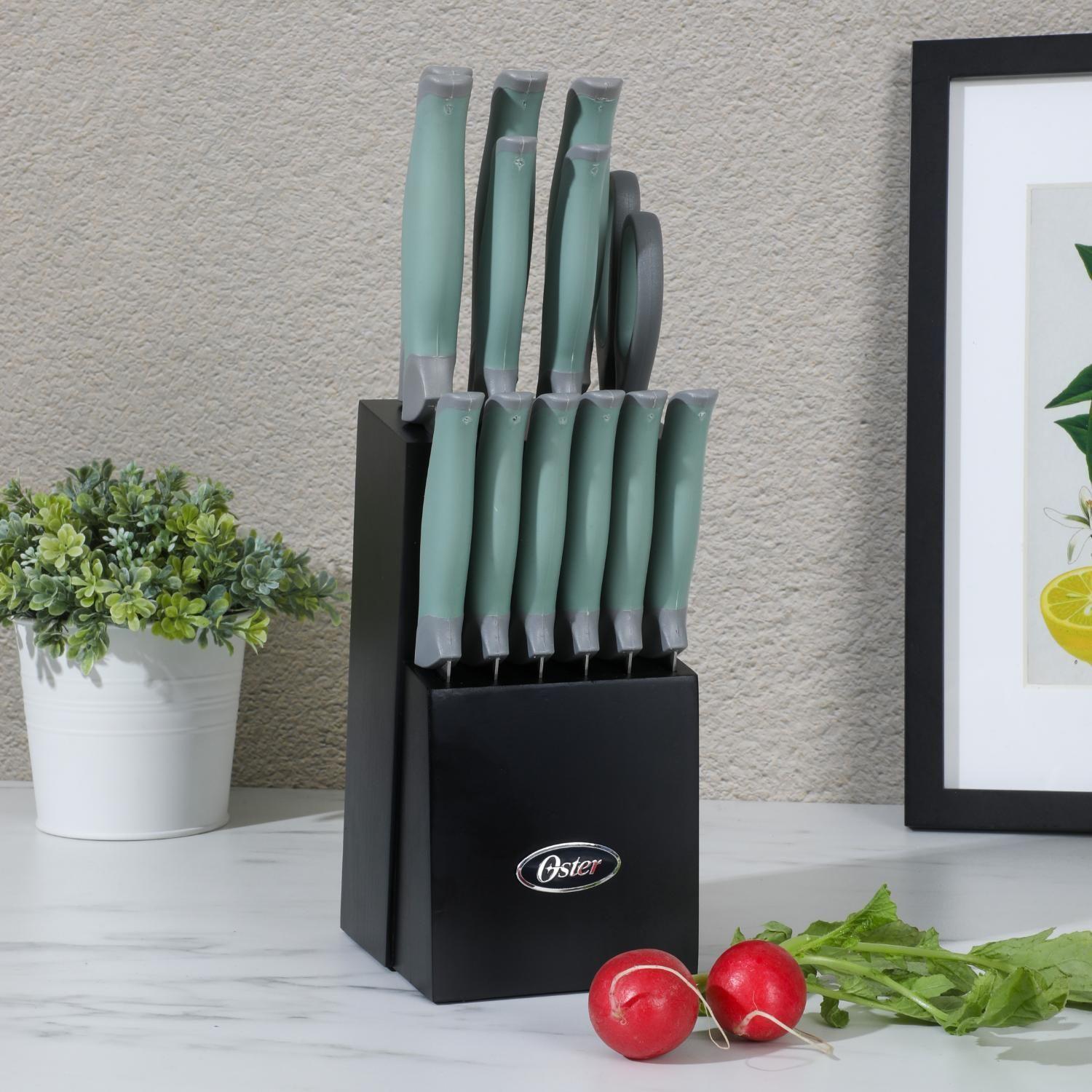 Set Cuchillos acero inoxidable Lindbergh 14 pcs mango verde y taco de madera negro-3