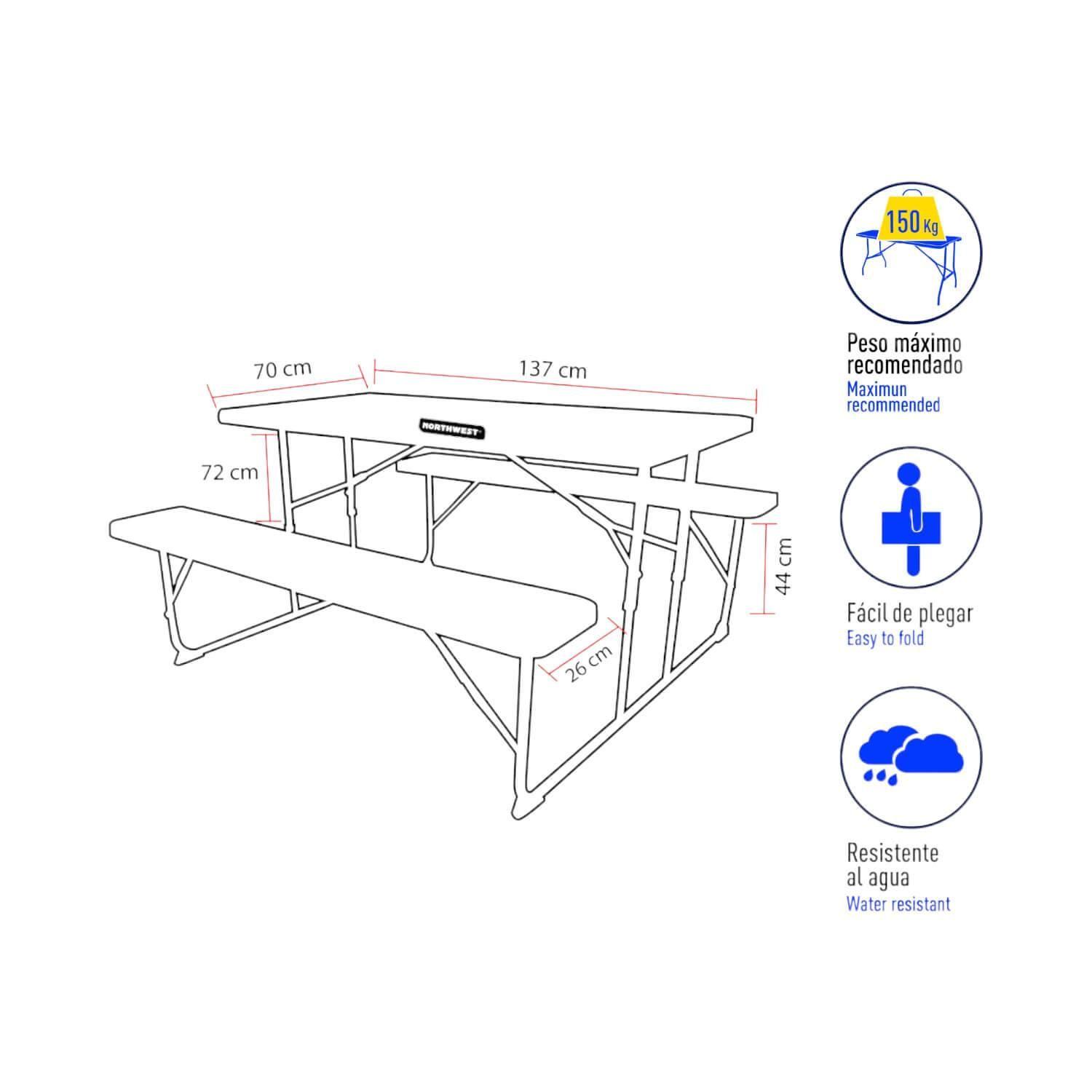 Set Mesa Y Bancos Plegables 137x70x72Cm Diseño Madera Northwest-3