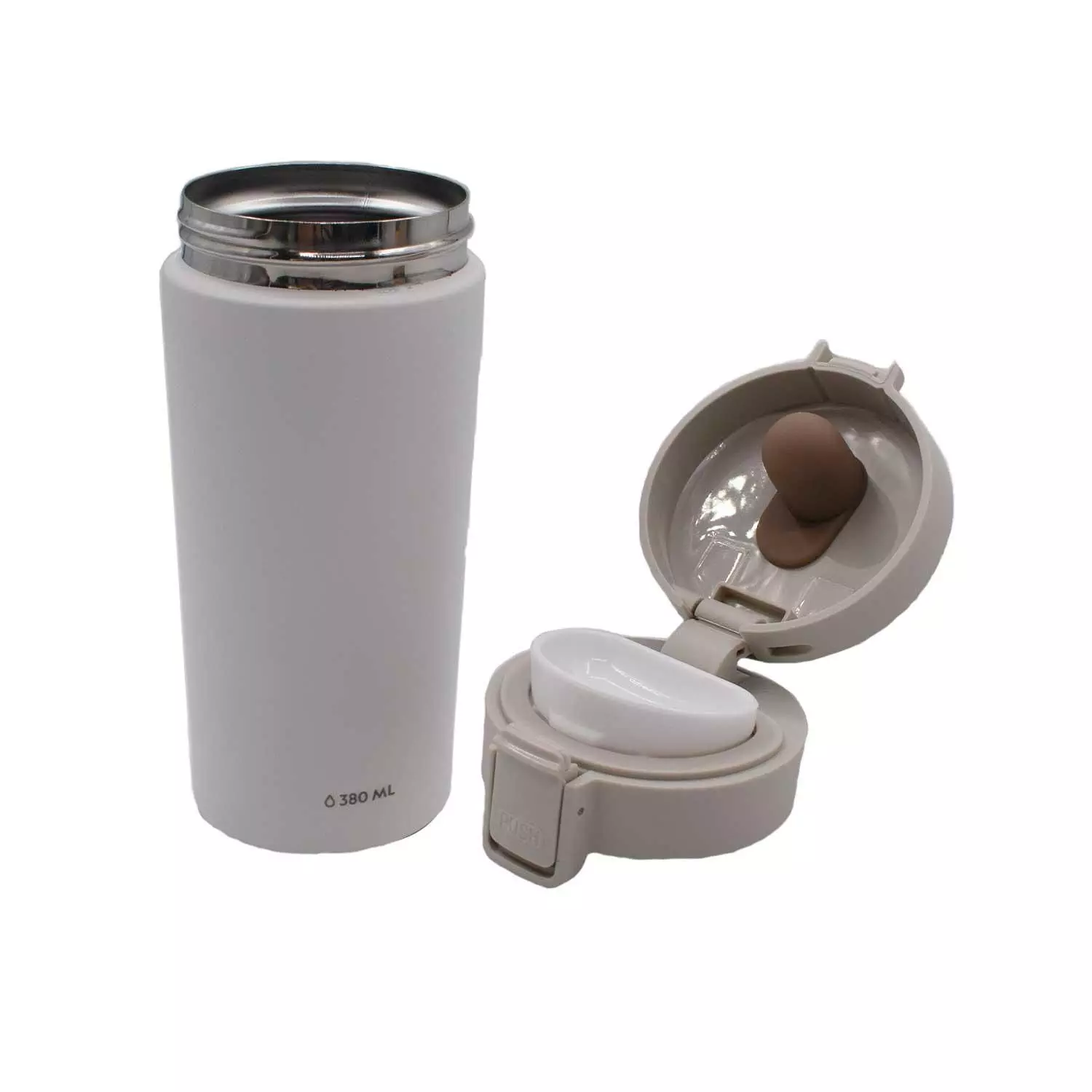 Mug Acero Inoxidable Tapa Con Pulsador y Antideslizante 380ml Blanco-3