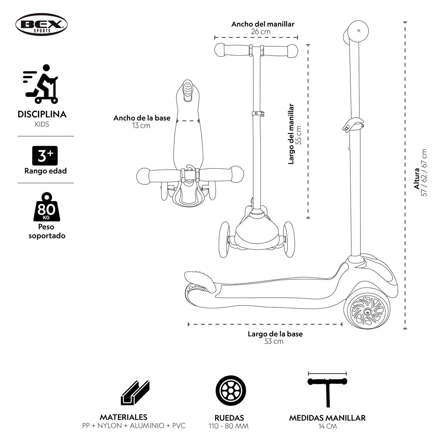 Scooter Monopatin Niño 3 Ruedas Ajustable 50-70Cms Rosa Bex-6