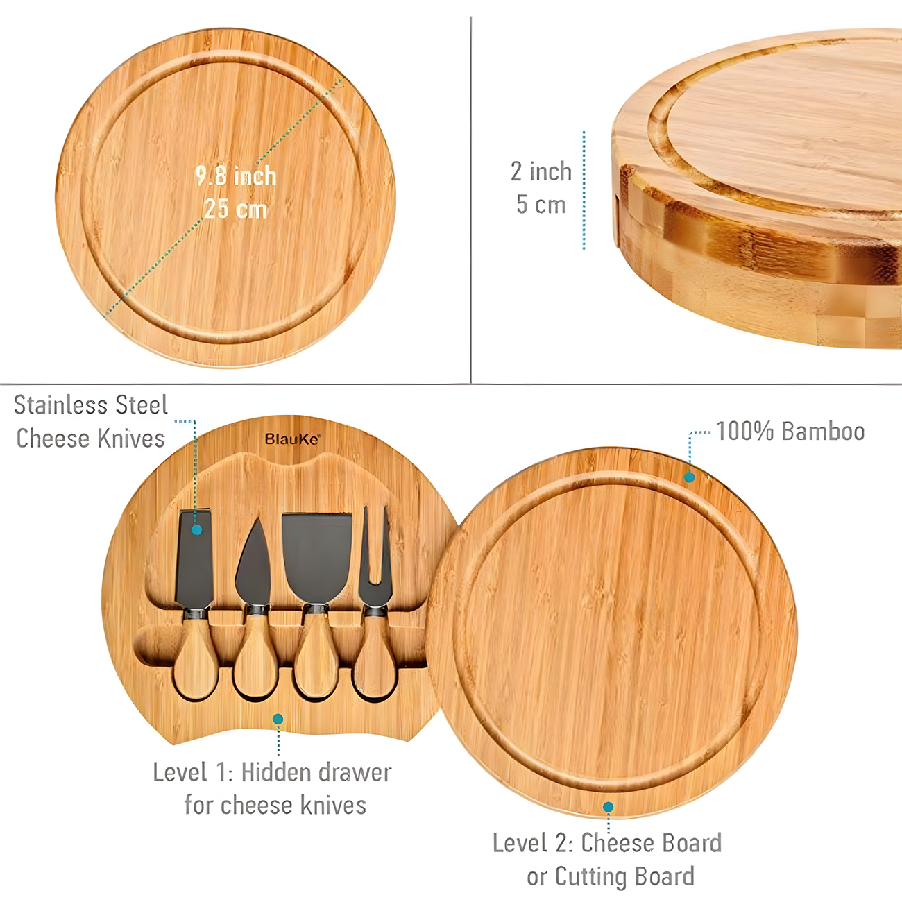 Tabla quesos madera redonda con 4 cuchillos-2