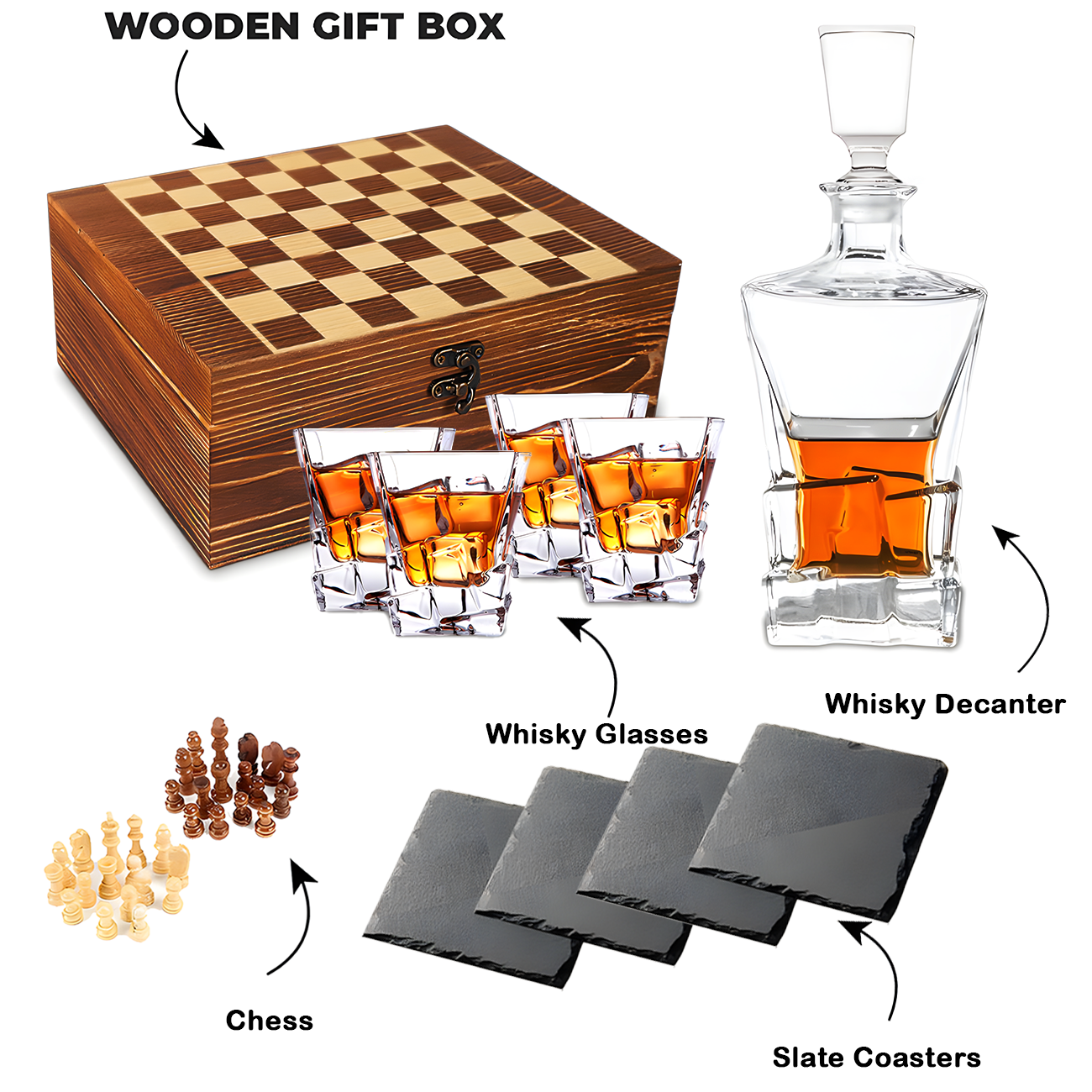 Juego ajedrez madera con botella whisky y accesorios-2