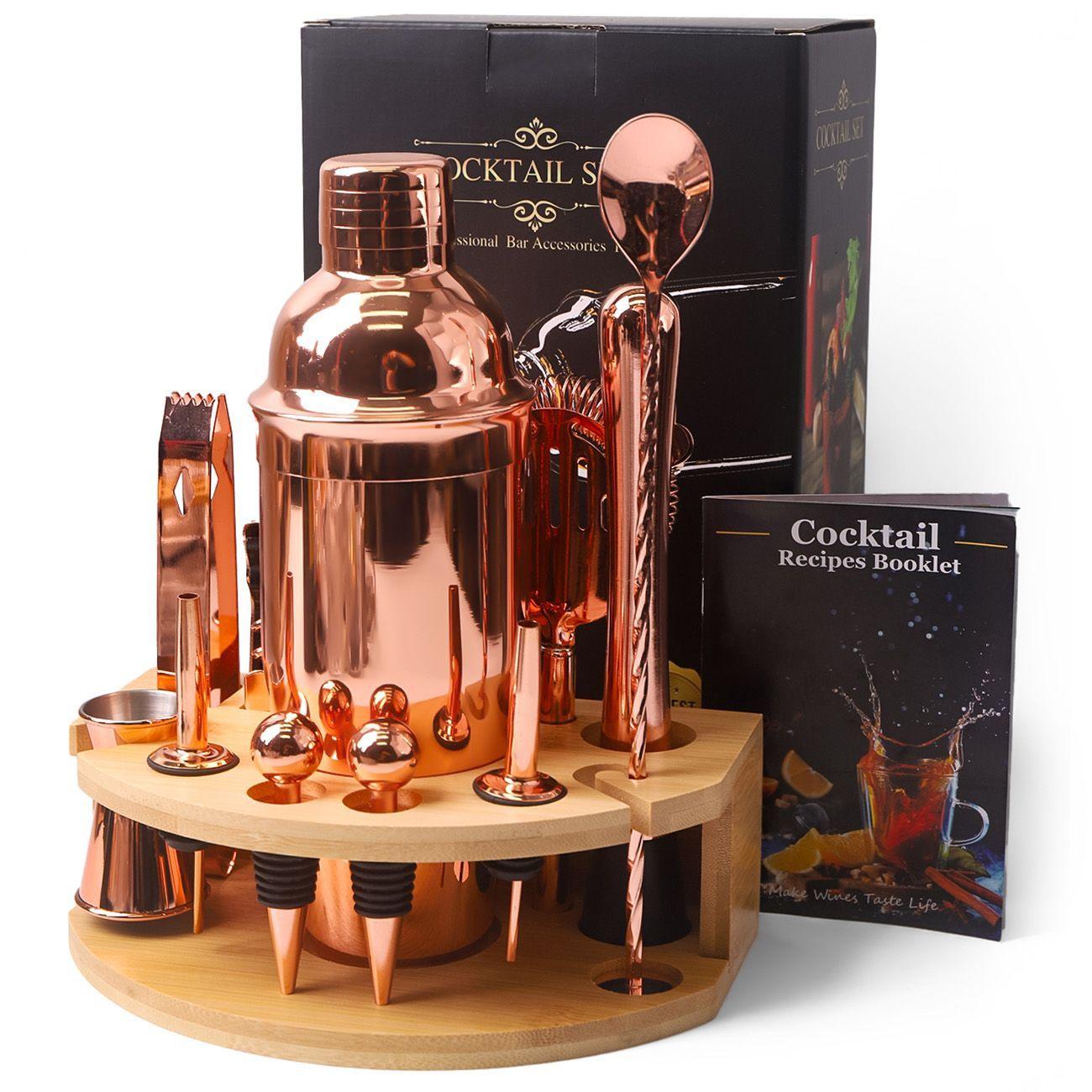 Set coctelera cobrizado 11 piezas rack de madera-0
