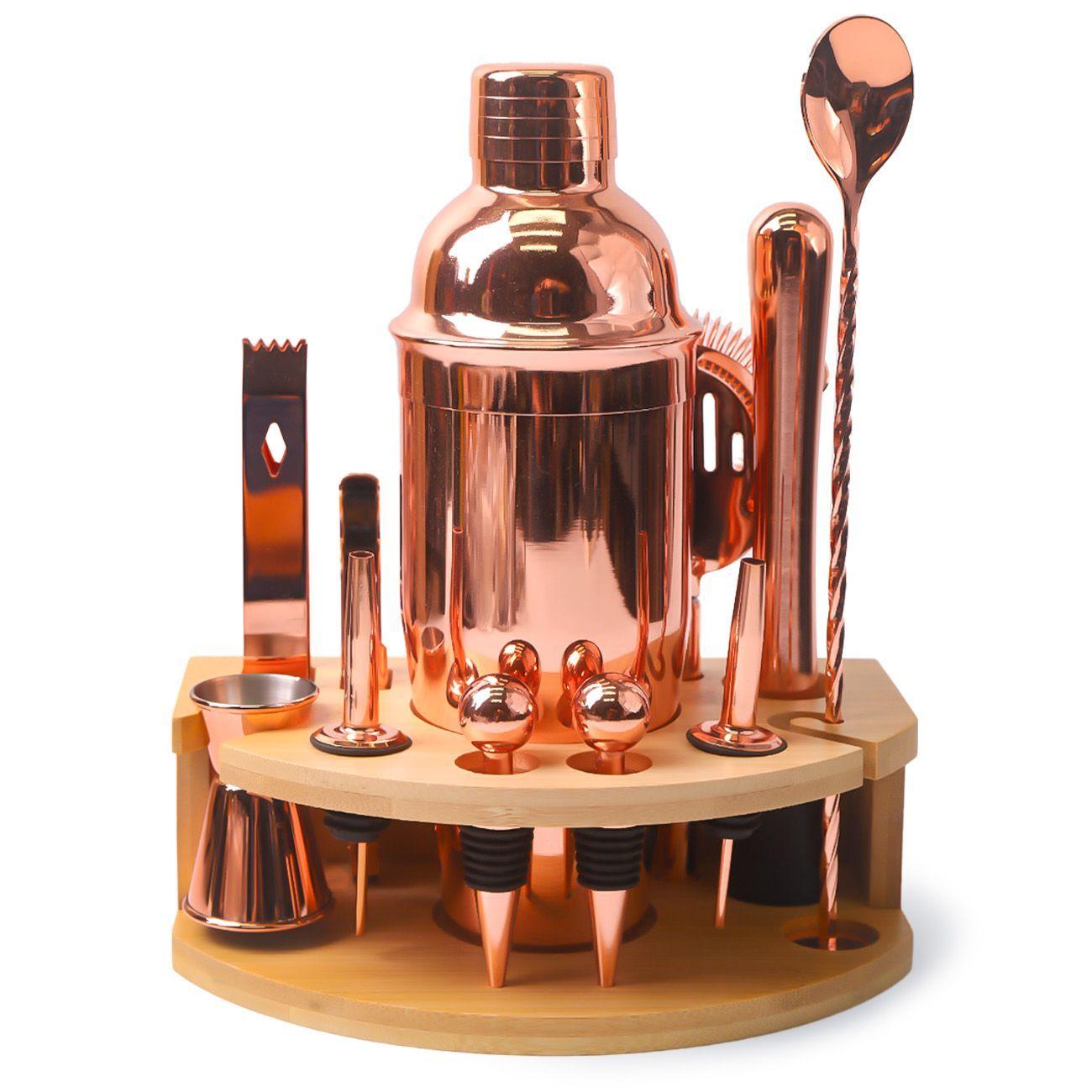 Set coctelera cobrizado 11 piezas rack de madera-1