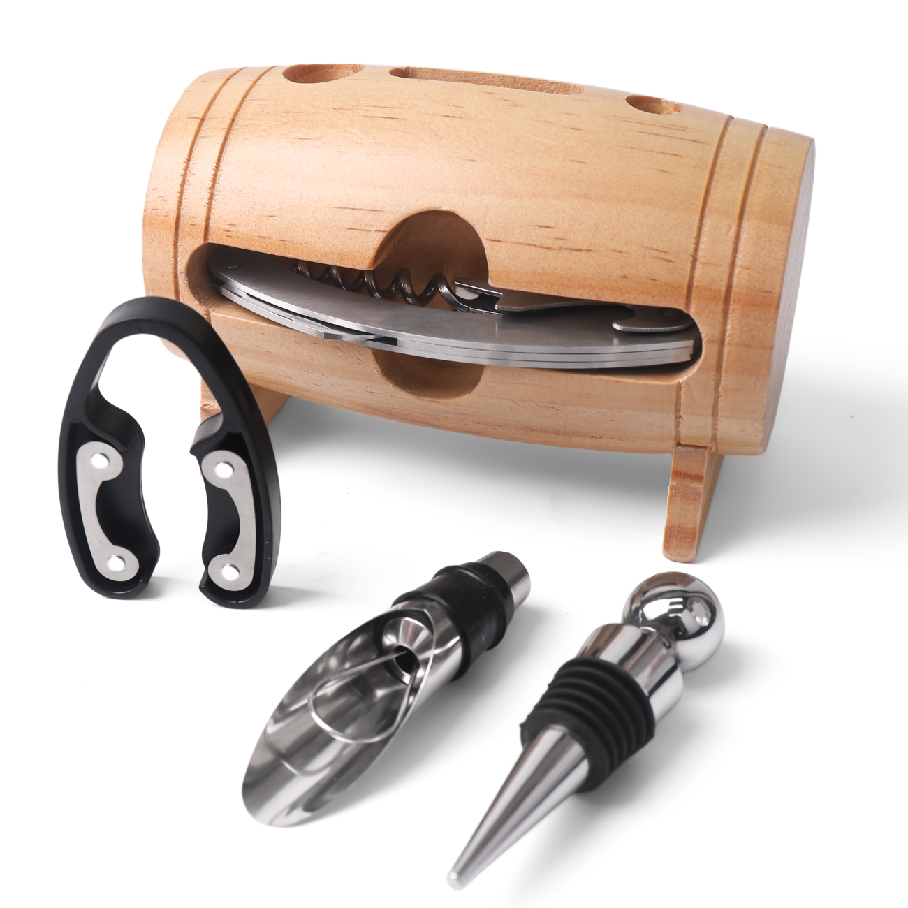 Set sacacorcho barril madera 4 piezas-4