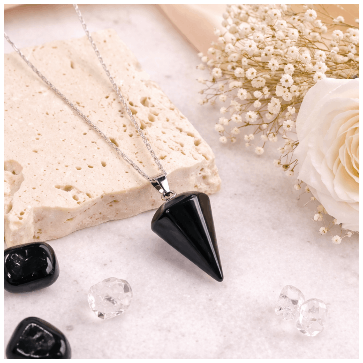 Collar Péndulo Piedra Natural ónix con Cadena de Plata-5
