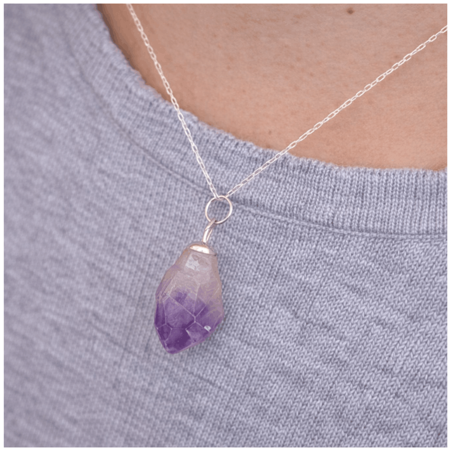Collar Amatista Natural en Bruto Cadena Plata 925-3
