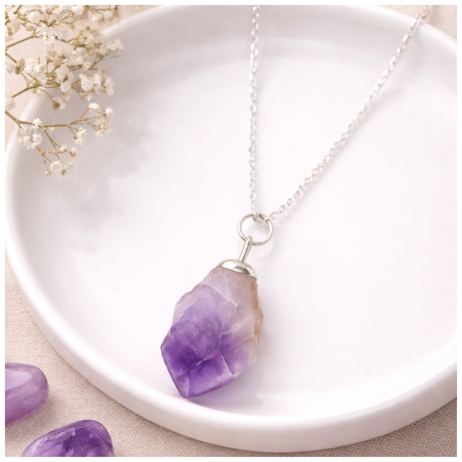 Collar Amatista Natural en Bruto Cadena Plata 925-4