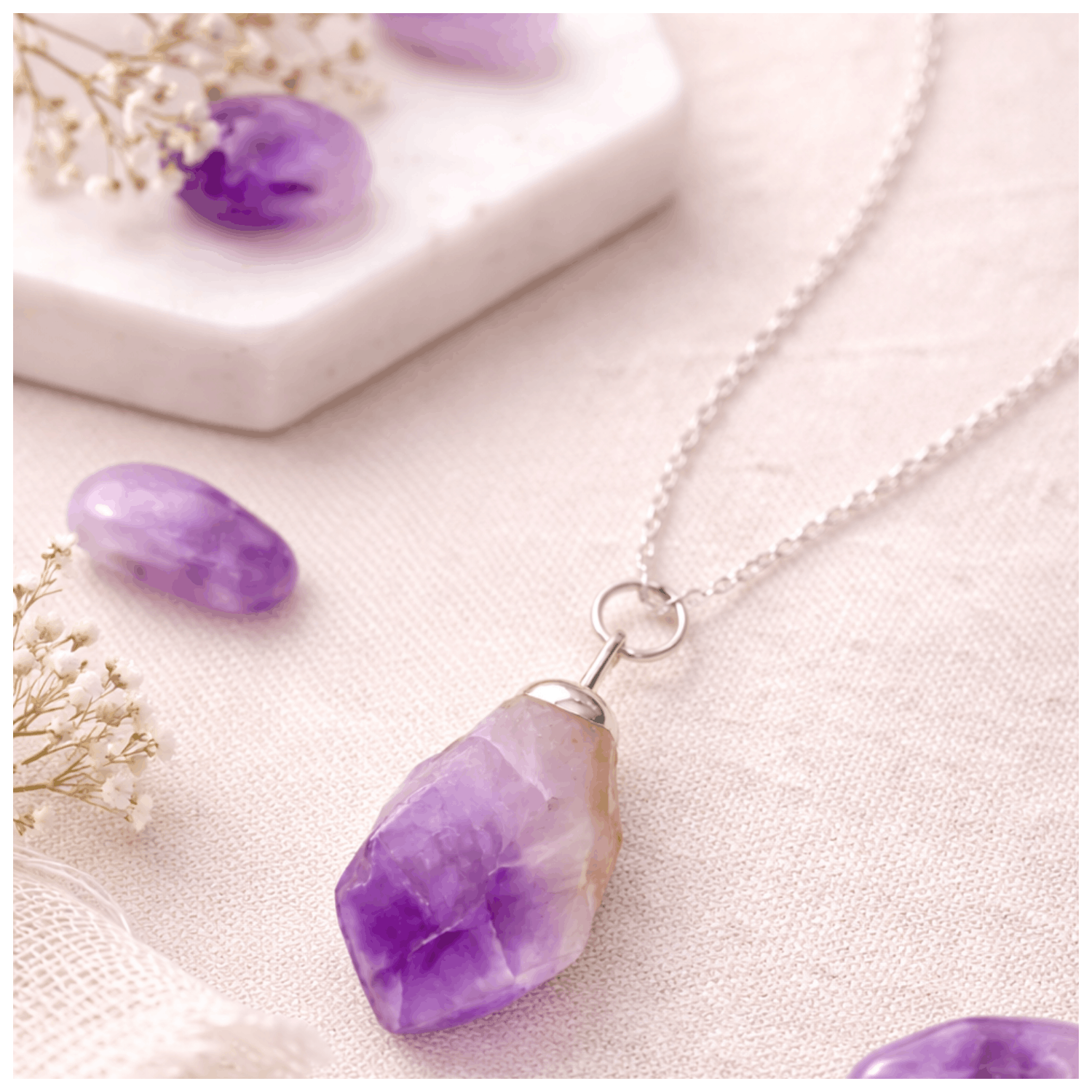 Collar Amatista Natural en Bruto Cadena Plata 925-6