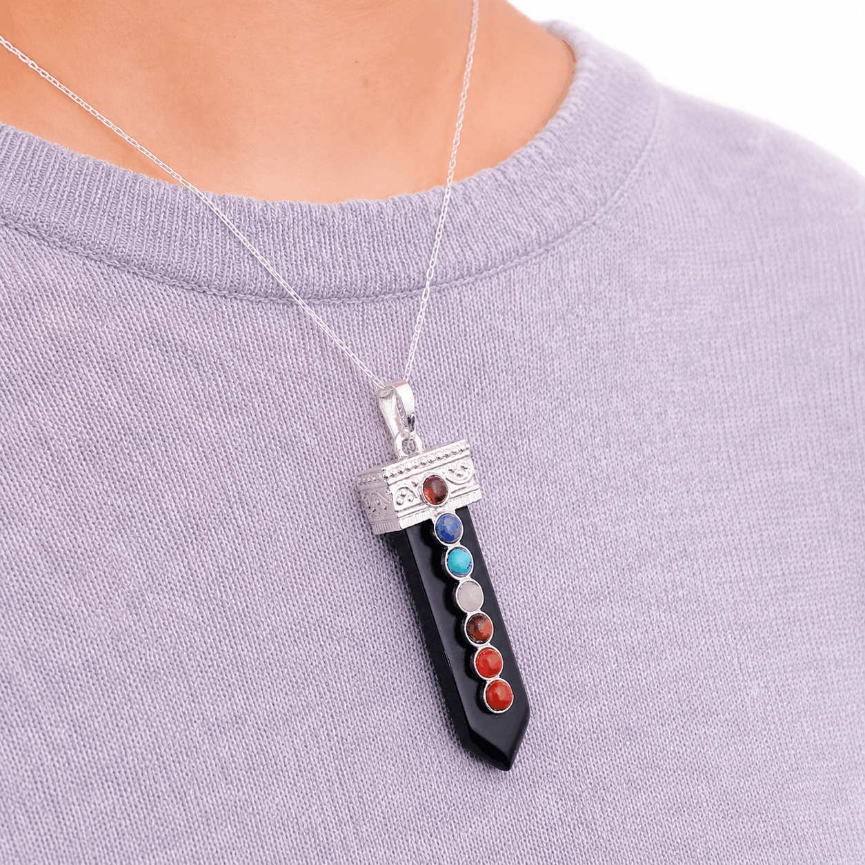 Collar Punta nix 7 Chakras con Cadena de Plata-3
