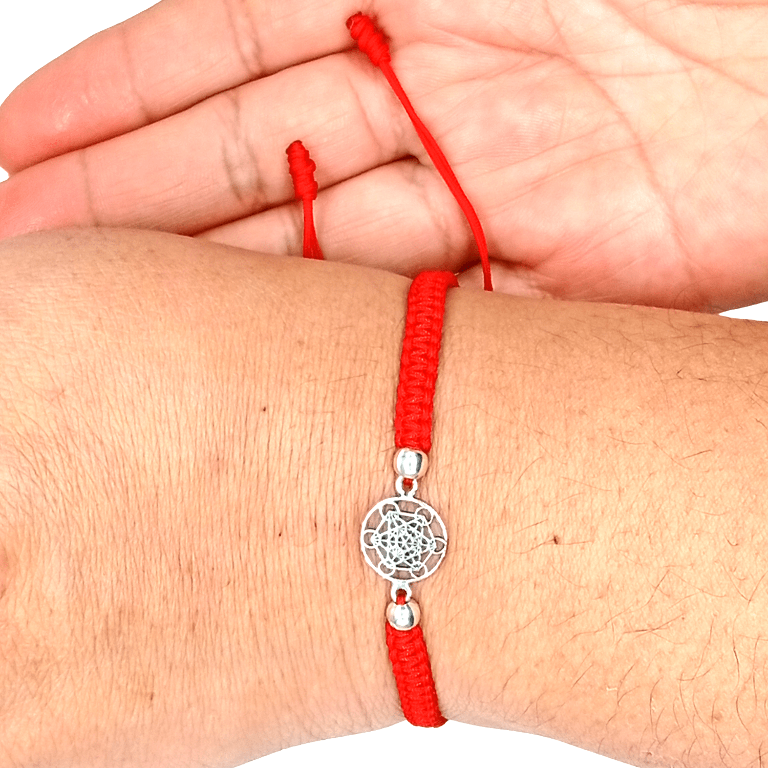Pulsera Cubo Metatr n Plata 925 con Hilo Rojo-4