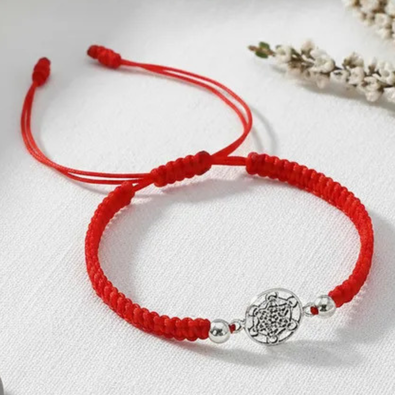 Pulsera Cubo Metatr n Plata 925 con Hilo Rojo-7