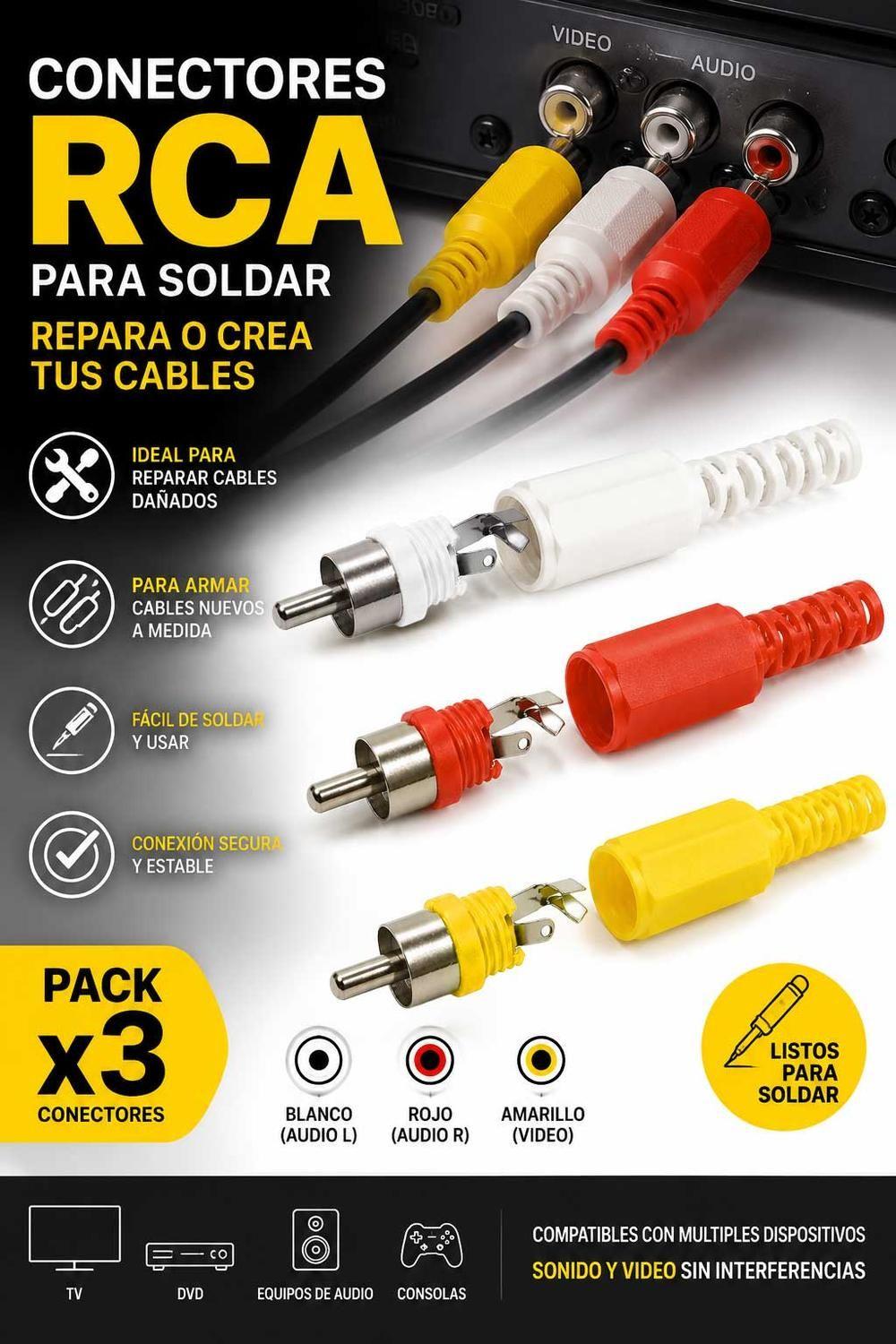 3 Set Conectores Rca Audio Video Repuesto Soldar Armar Juego-5