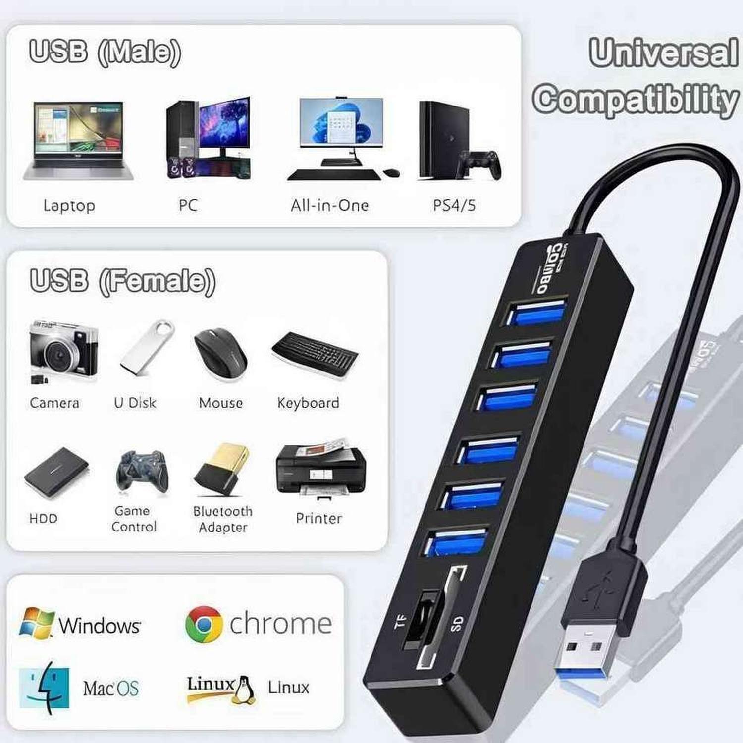 Hub 2 En 1 Usb 6 Puertos Y Lector Memoria SD Micro Pc Notebook-3