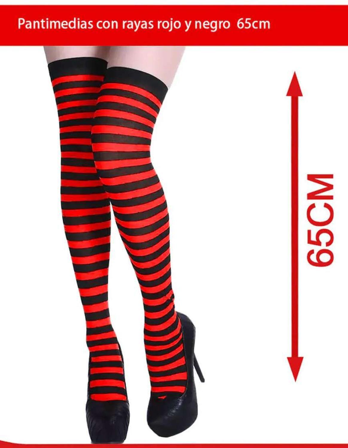 Calcetas Largas Panty Medias Bucaneras Rayadas Rojo Con Negro-3