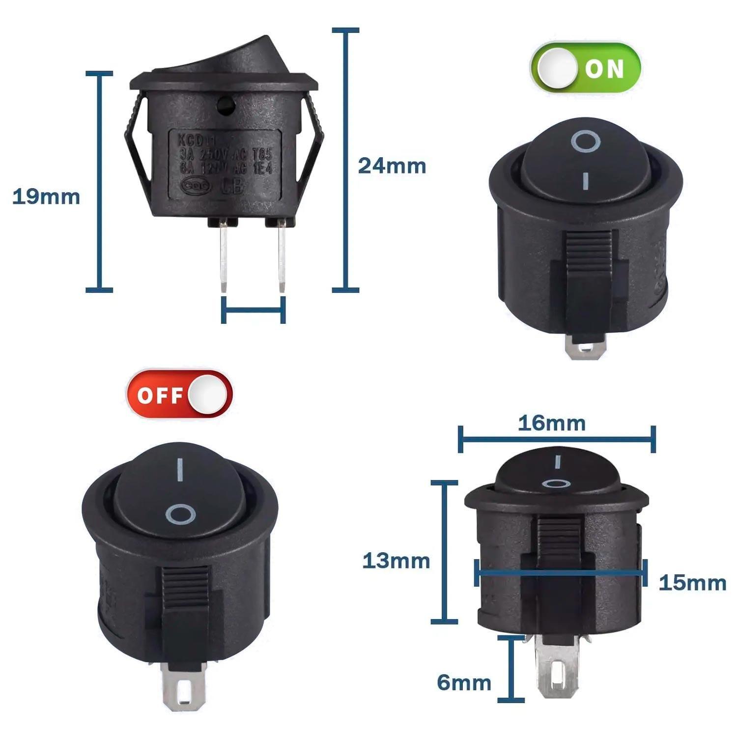 3X Interruptor Switch Boton Basculante 2 Pines 3A 6A Redondo-4