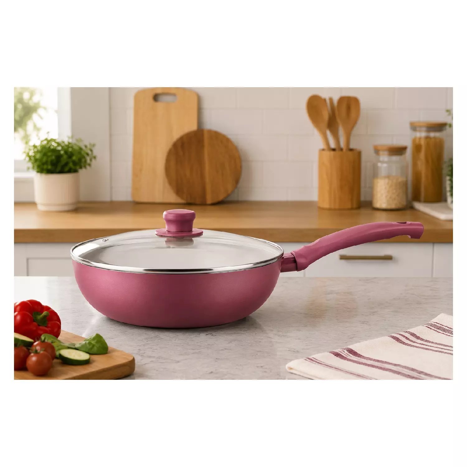 Wok Marmicoc Spring Granate 28 cm con Tapa de Vidrio-1