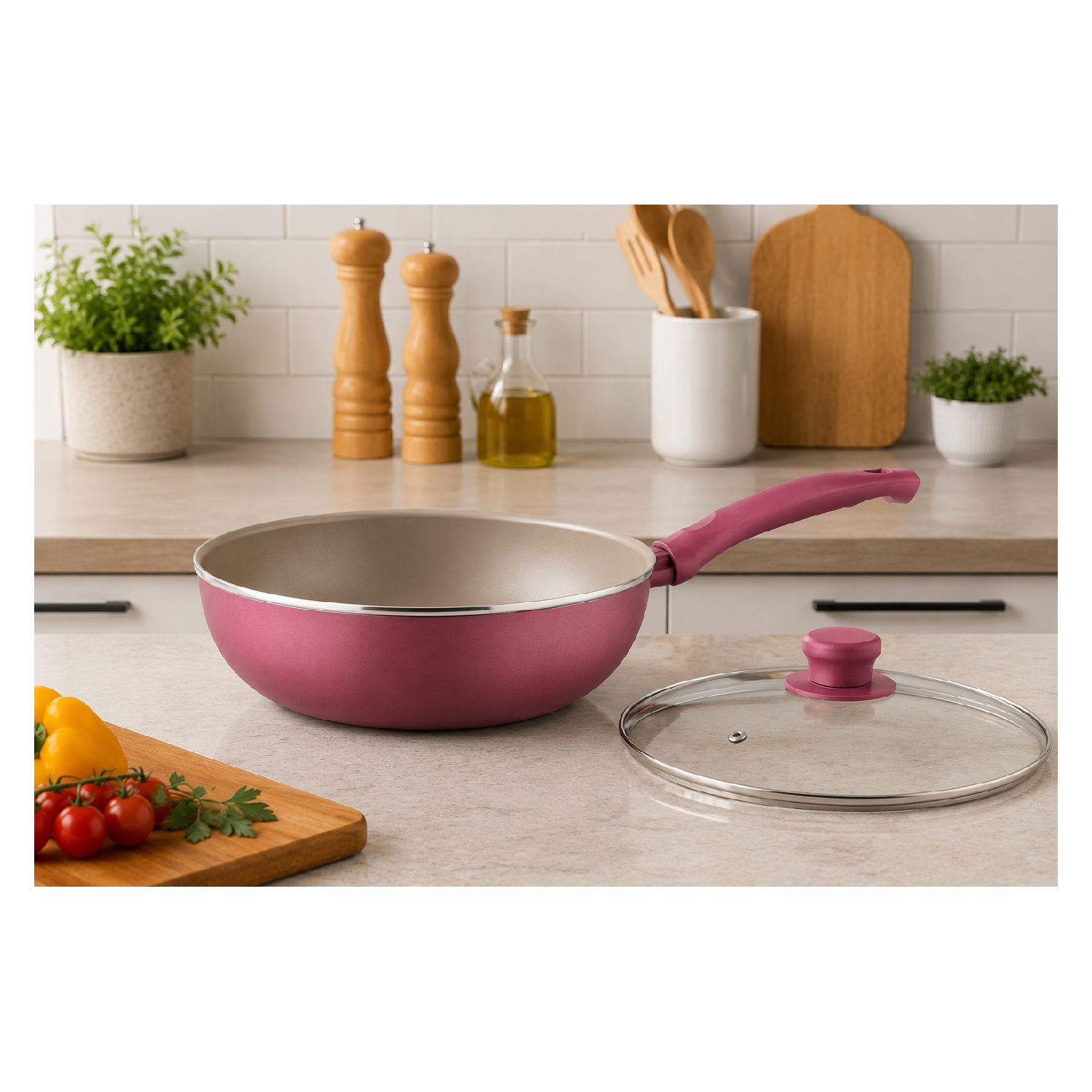 Wok Marmicoc Spring Granate 28 cm con Tapa de Vidrio-2