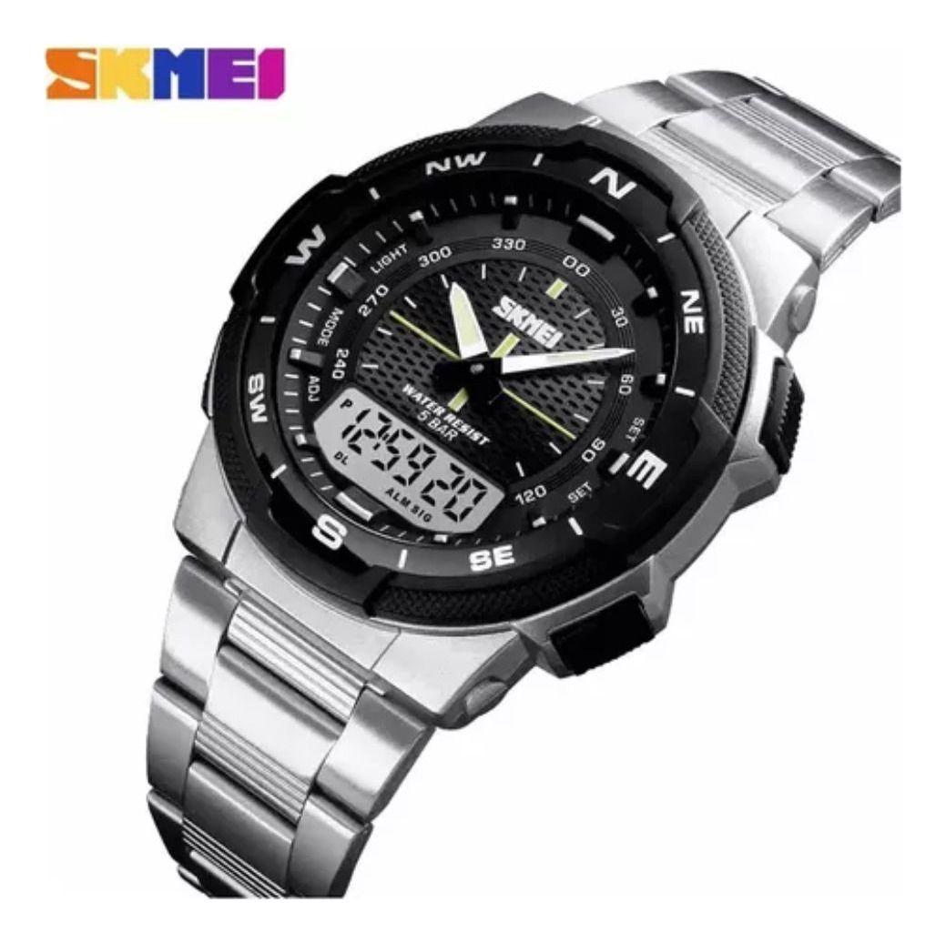 Reloj Skmei 1370 Correa Acero Inoxidable Plata Bisel Negro-1