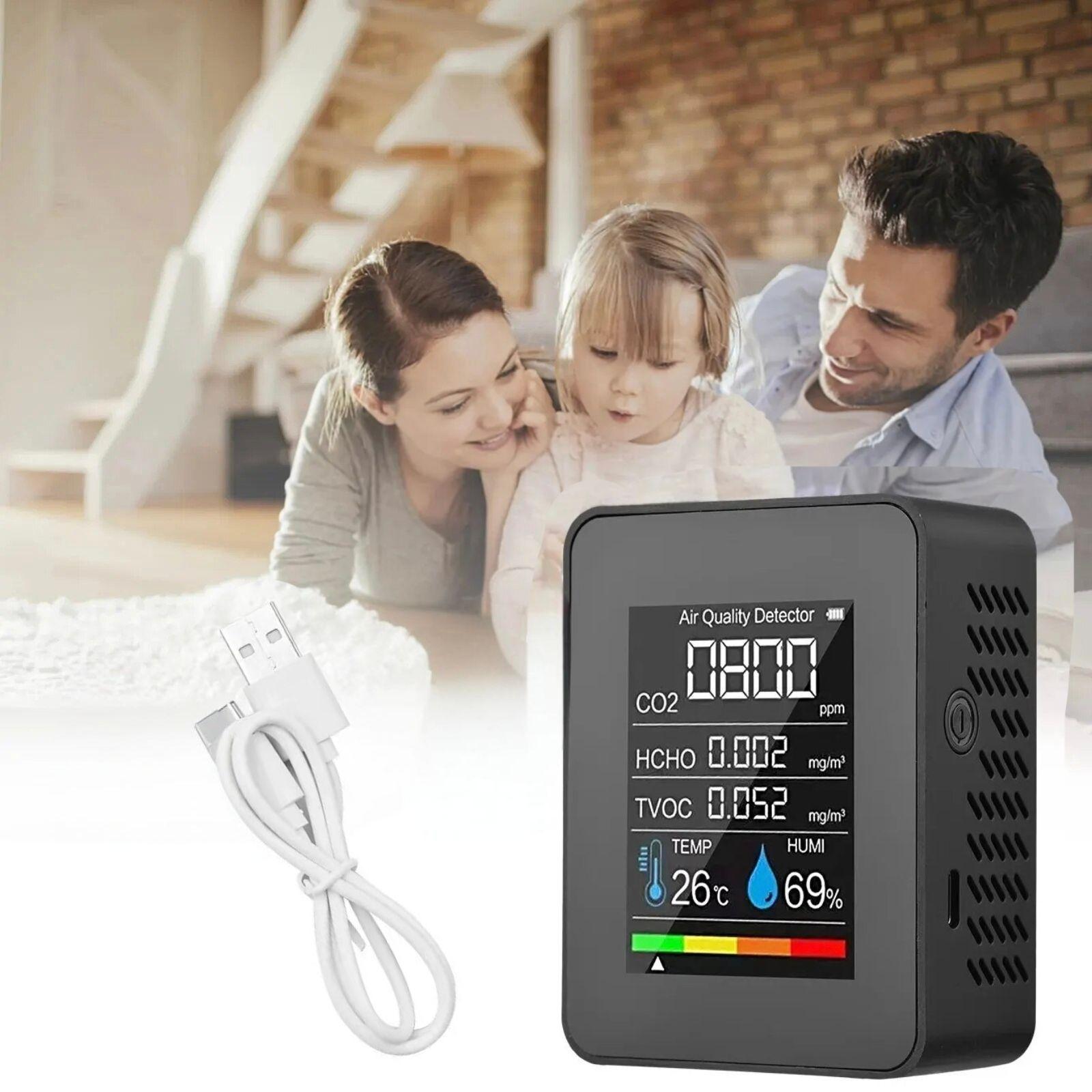 Medidor de calidad del aire 5 en 1 CO TVOC HCHO temperatura humedad Recargable Monitor CO2-0