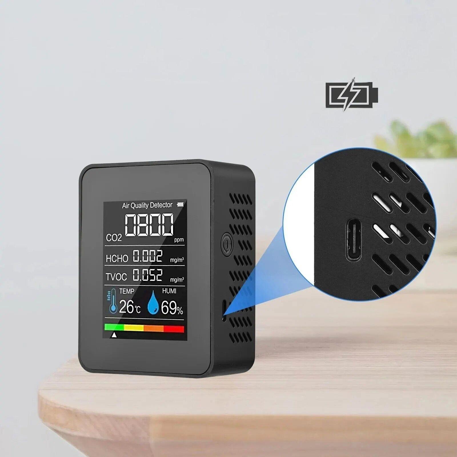 Medidor de calidad del aire 5 en 1 CO TVOC HCHO temperatura humedad Recargable Monitor CO2-1