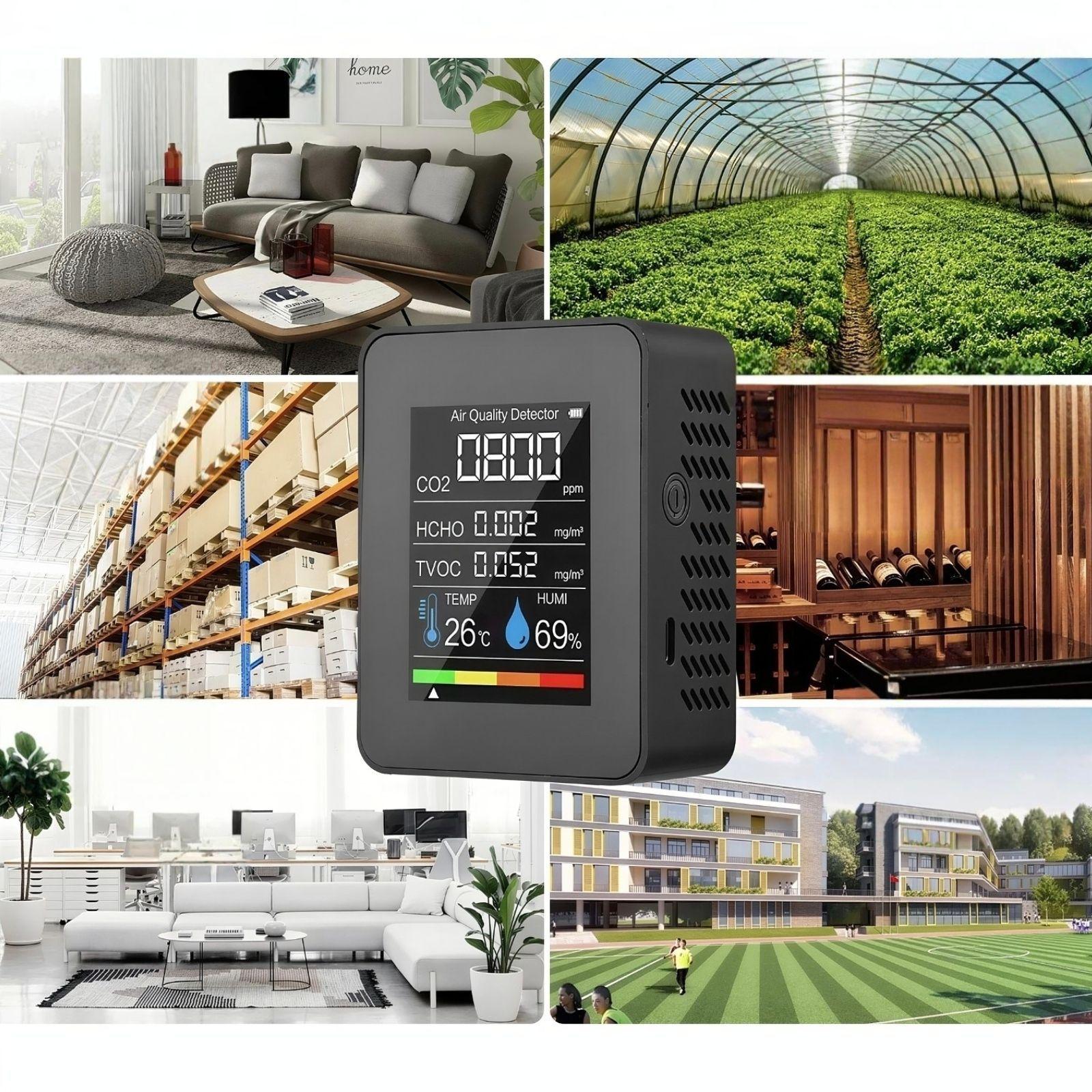 Medidor de calidad del aire 5 en 1 CO TVOC HCHO temperatura humedad Recargable Monitor CO2-2