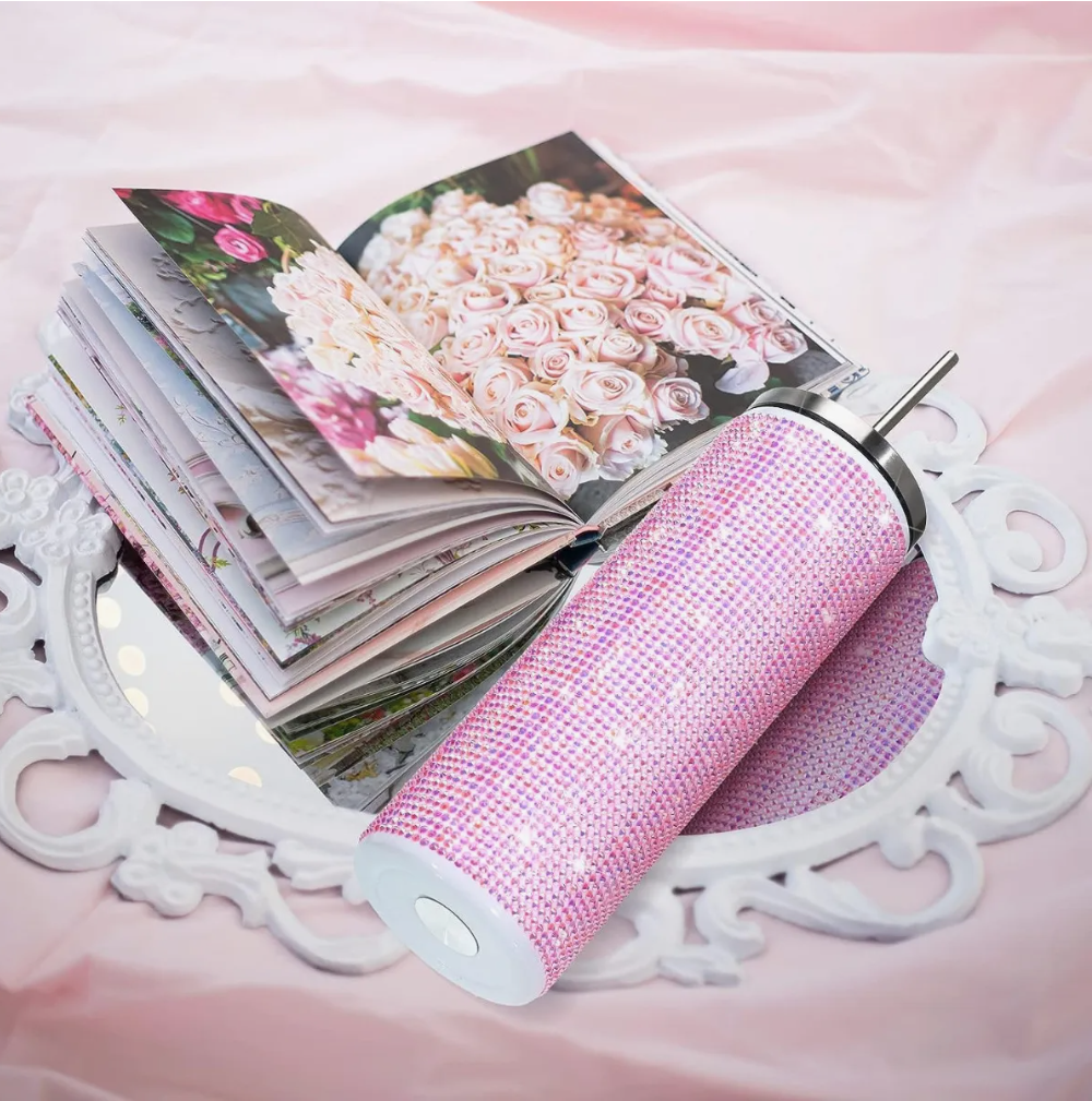 Botella tumbler rosa con brillo y bombilla-2