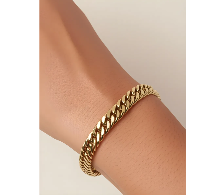 Pulsera Cadena Cubana Dorada Acero Quirúrgico Hombre Mujer-2