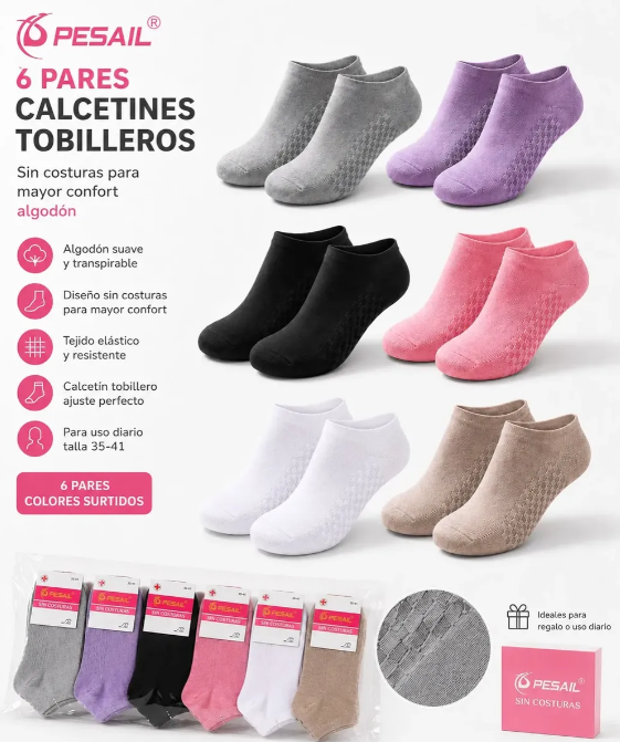 6 Pares Calcetines Tobillera Algodon Sin Costuras Mujer-3