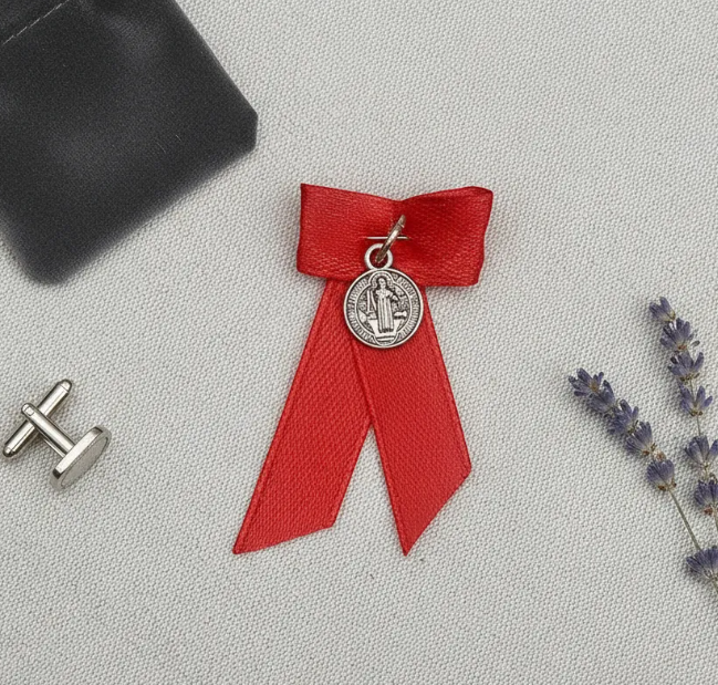 Medalla San Benito Protector Bebe Cinta Roja Prendedor-4