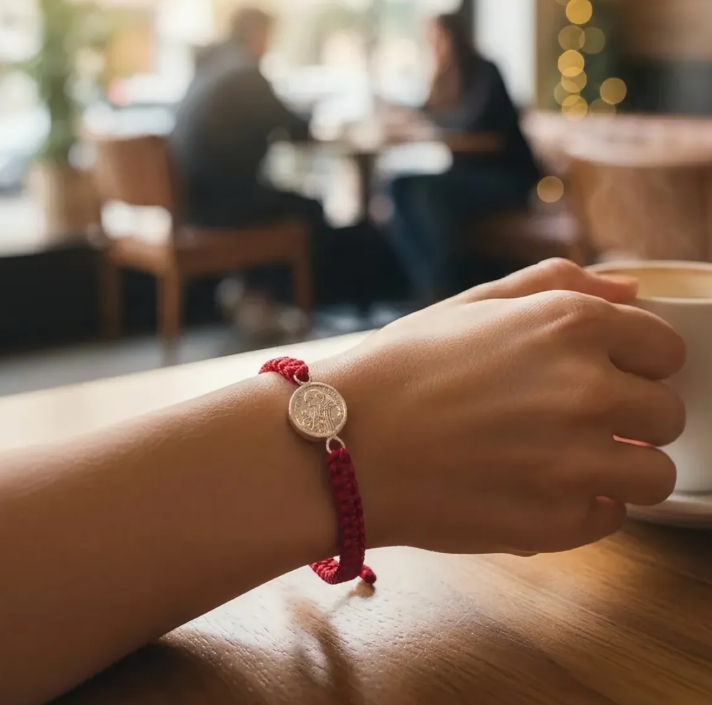 Pulsera Hilo Rojo San Benito Plata 925 Protección Mal Unisex-3