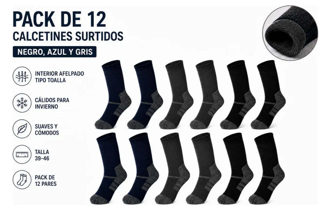 12 Pares Calcetines Hombre Invierno Interior Afelpado Grueso-1